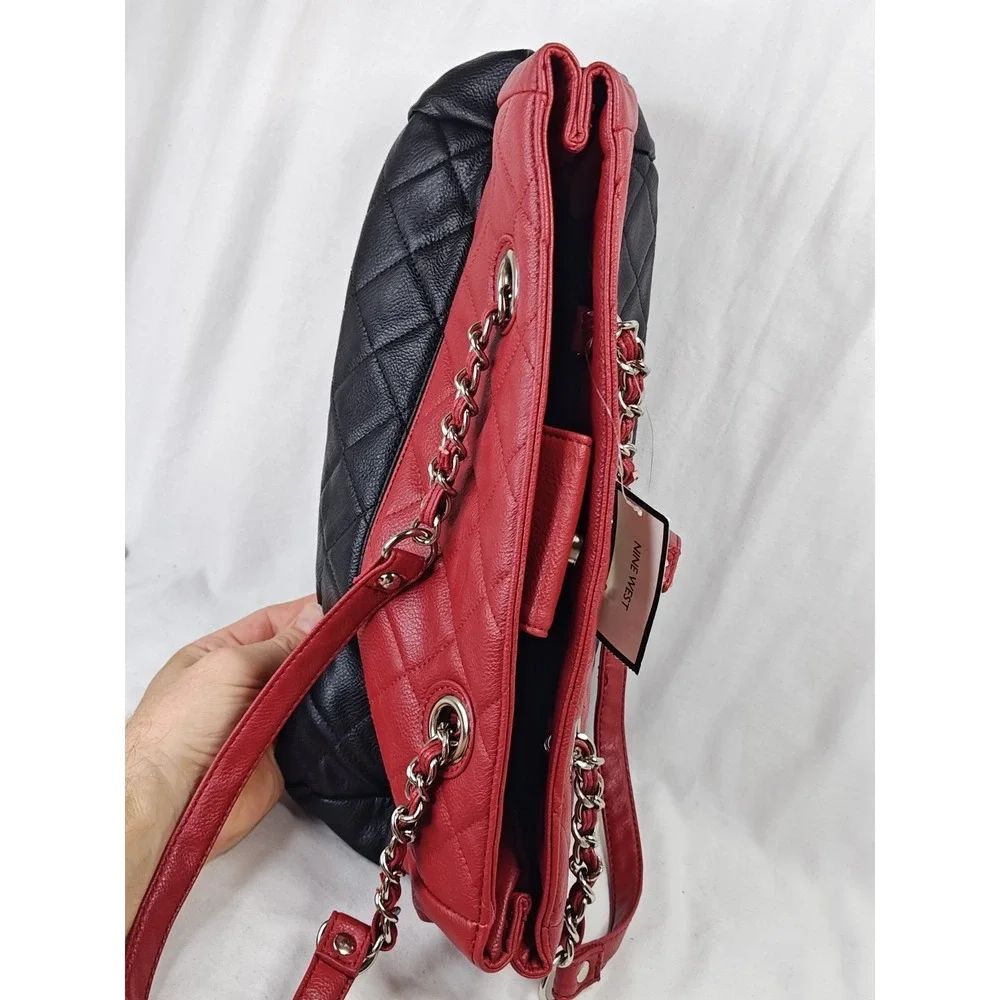 Nine West Quilted Colorblock Tote Purse Red Black Chain Strap NWT 60268715-F70